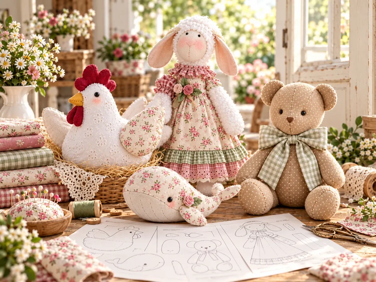 Peças artesanais de tecido em um ateliê claro, com galinha, ovelha e ursinho