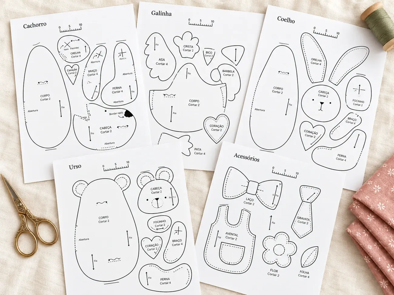 Mockup ilustrativo de folhas de moldes sobrepostas, com contornos em fundo branco